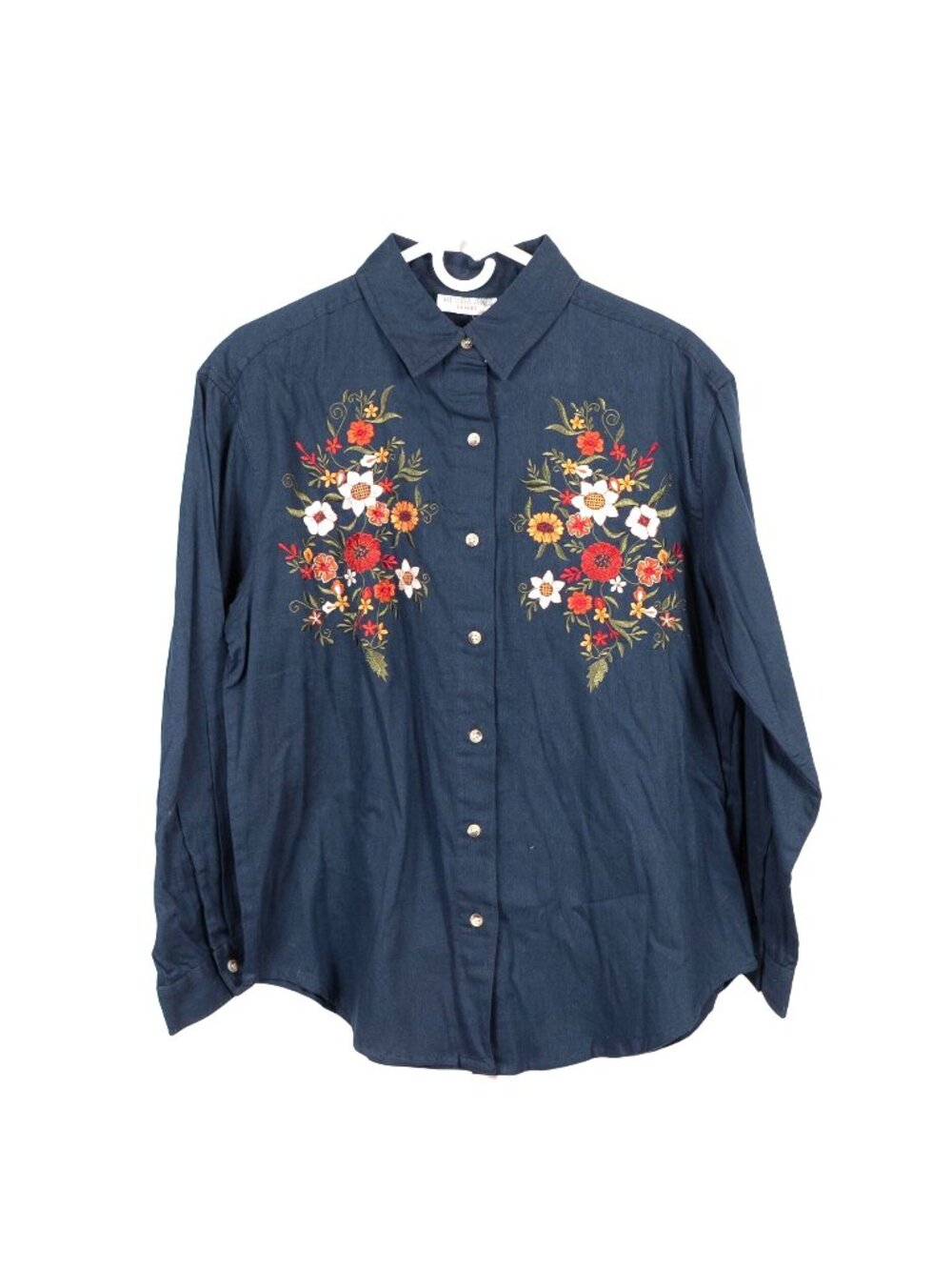 Button Up Floral Shirt M Petite Blue Fall Embroidery 90s Texture Victoria Jones